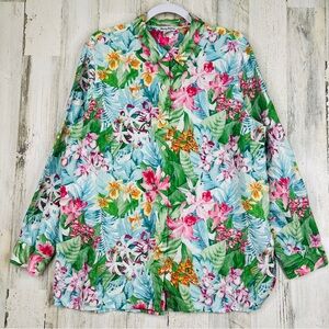 Tommy Bahama 100% Linen Shirt L Button-Up Tropical Floral Island Resort Vacation